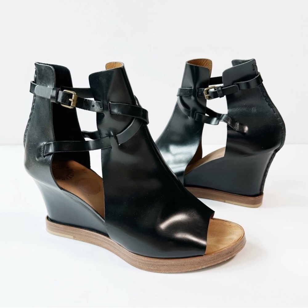 Women's Black Leather Peep-Toe Wedge Sandals with Ankle Straps